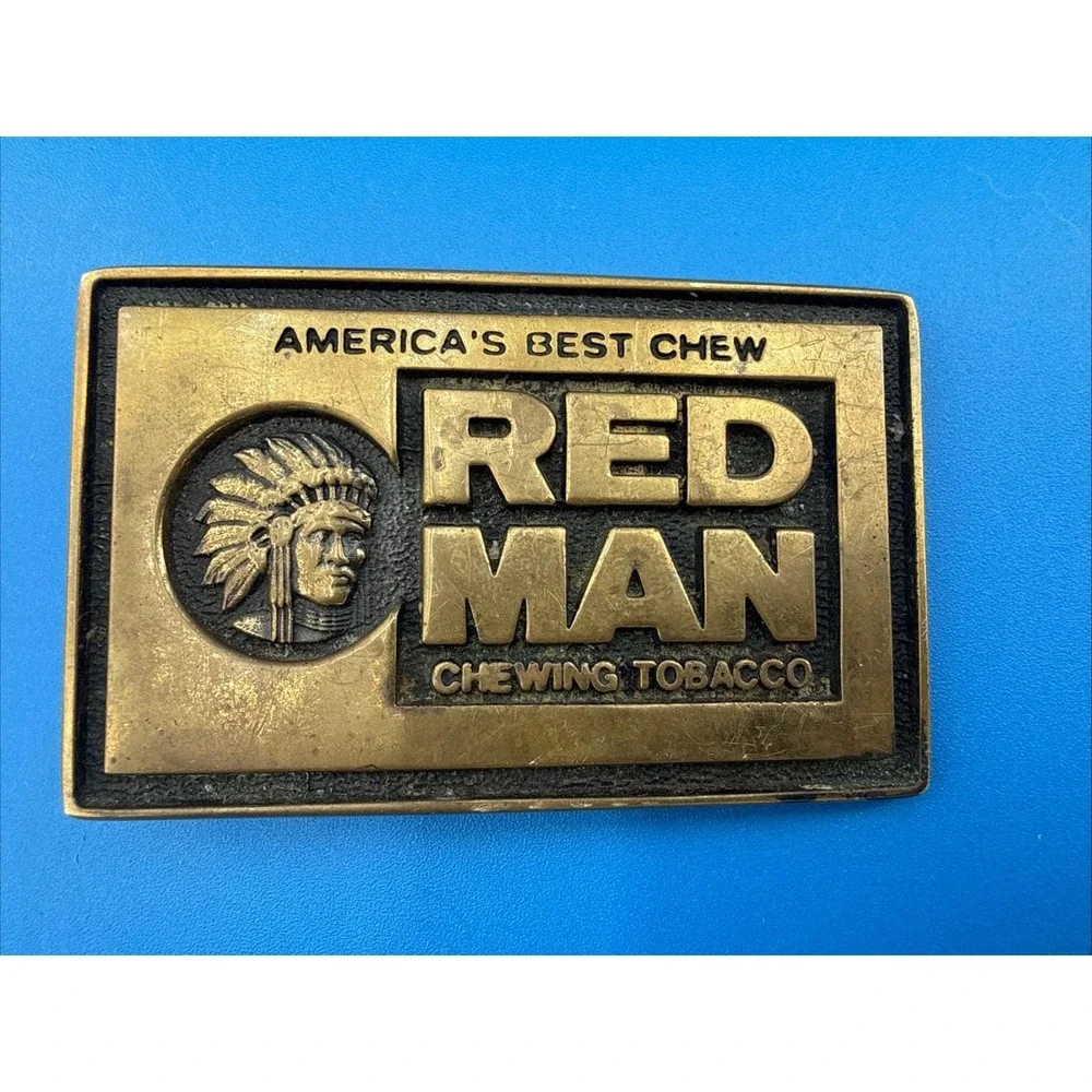 Vtg Red Man Belt Buckle 1981 Chewing Tobacco Solid Brass USA Western Cowboy